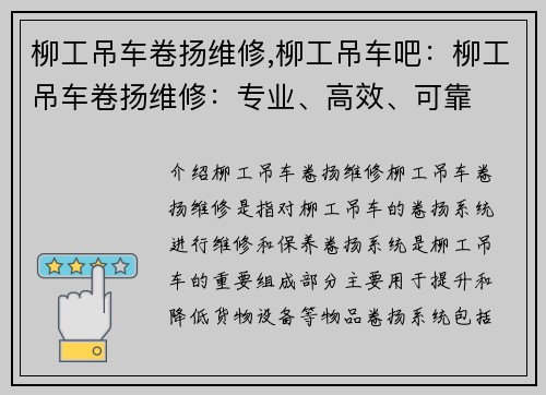 柳工吊车卷扬维修,柳工吊车吧：柳工吊车卷扬维修：专业、高效、可靠