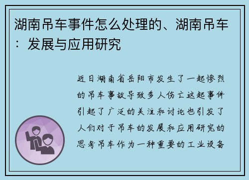 湖南吊车事件怎么处理的、湖南吊车：发展与应用研究